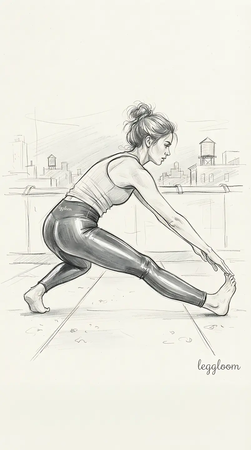 Pencil drawing of an athlete in a low lunge on a studio floor.