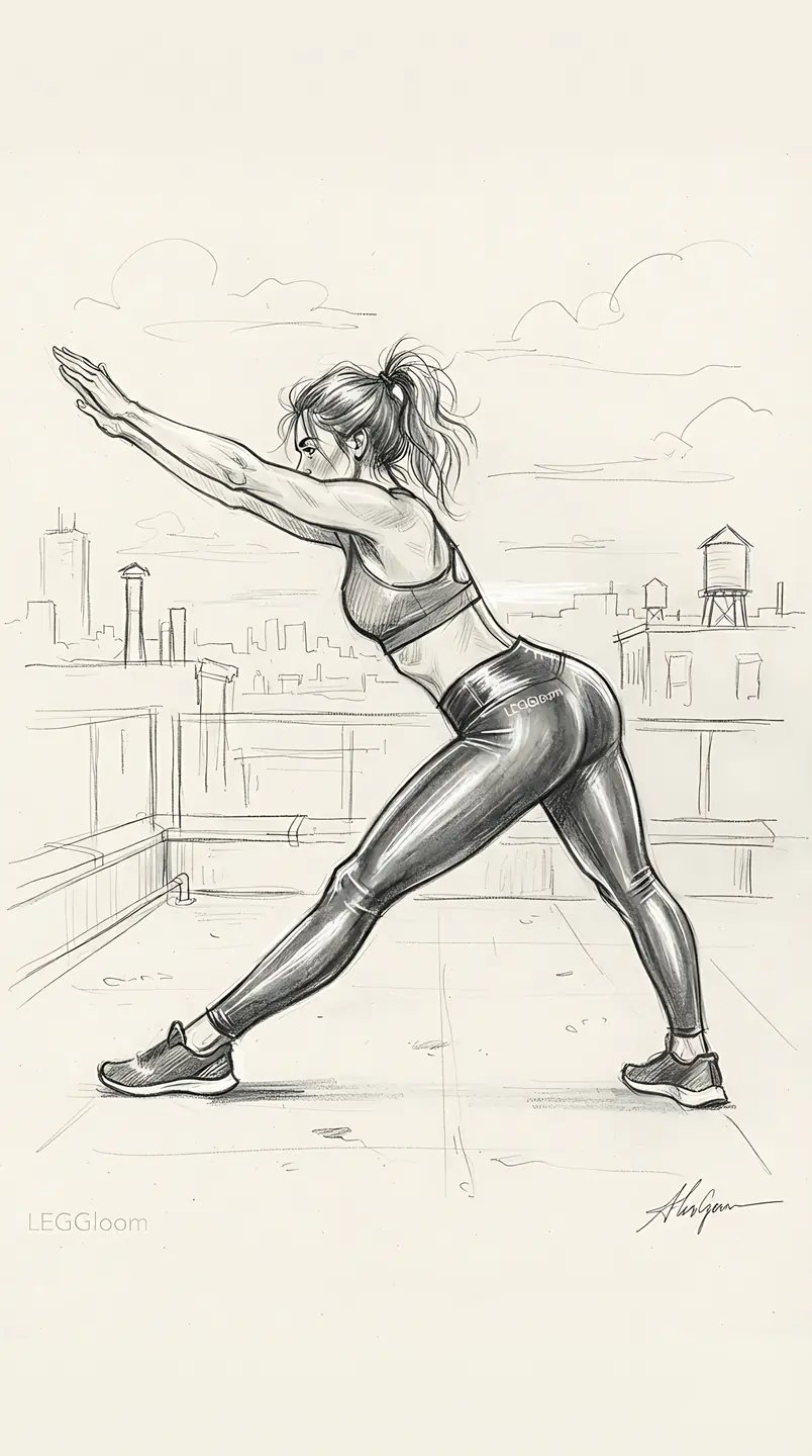 Pencil sketch of a woman holding a deep lunge stretch.