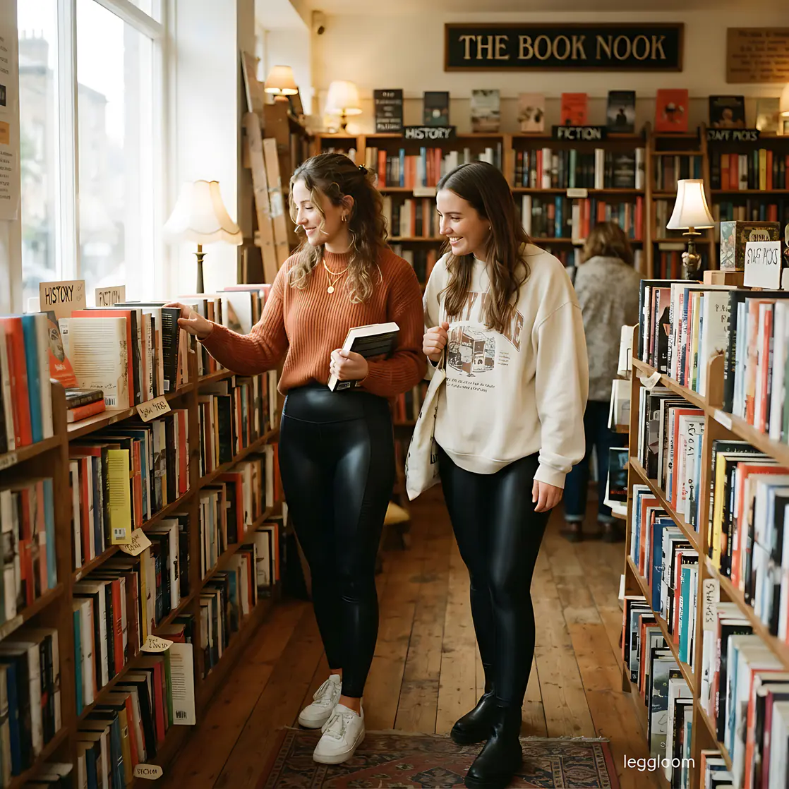 Two women browsing tall shelves inside a cosy bookshop.