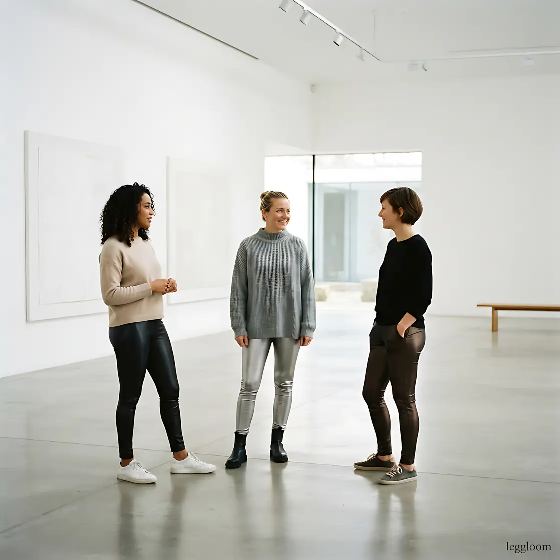 Visitors talking in an empty white gallery room.