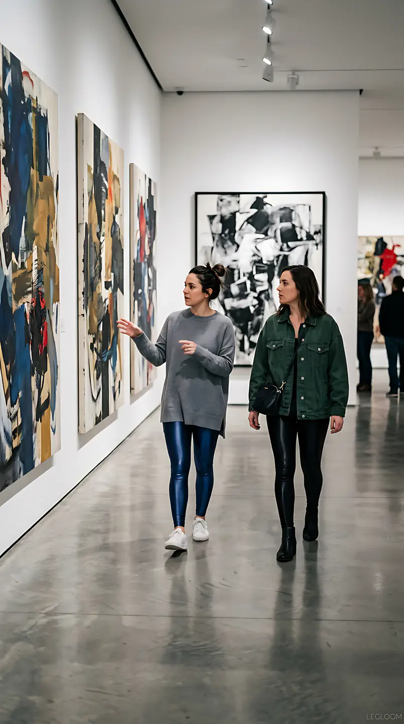 Visitors walking past framed artworks along a gallery wall.