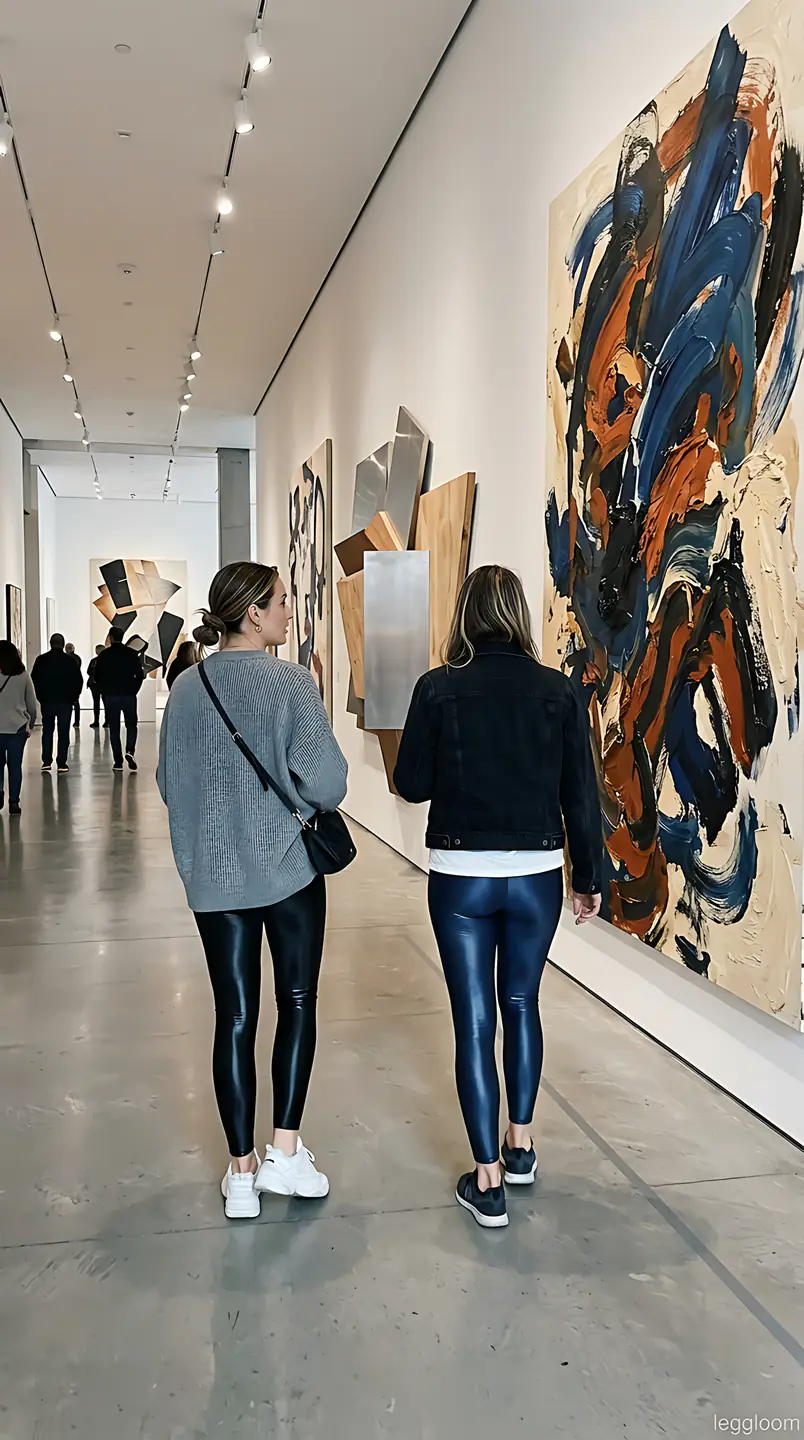 Two women walking through a contemporary gallery corridor.