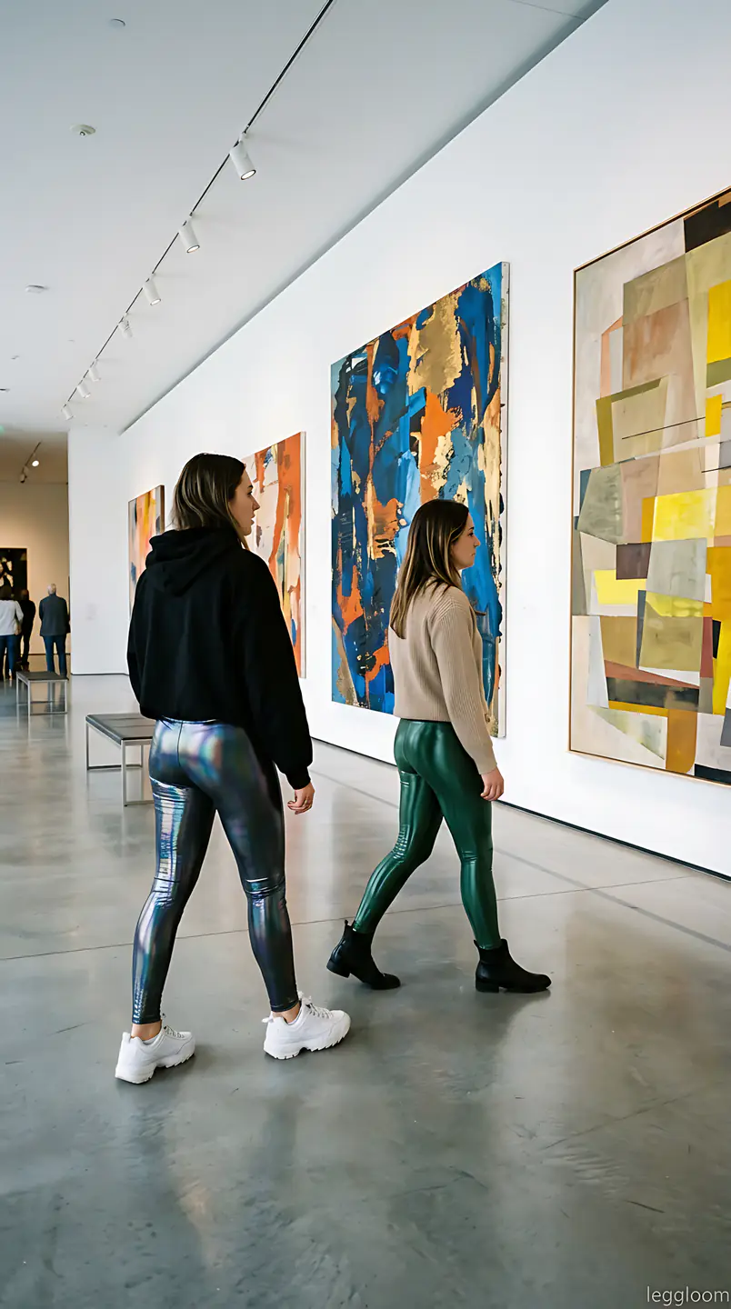Two women strolling past bold abstract canvases in a modern art gallery.