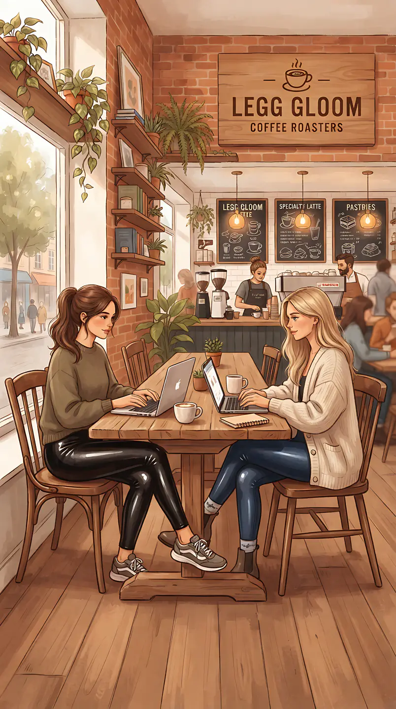 People working on laptops inside a warm, busy coffee shop.