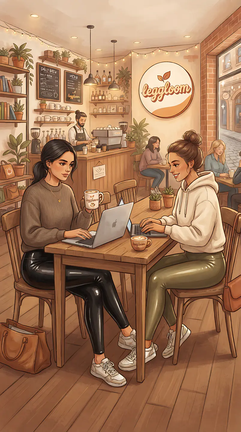 Two women working on laptops at a wooden cafe table.