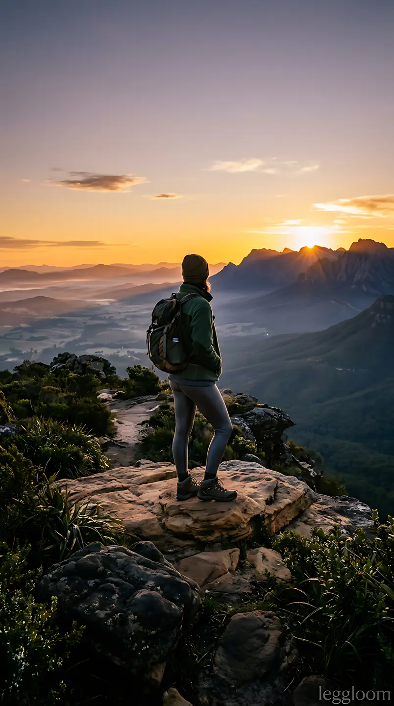 Hiker watching the sun rise over layered mountain ridges.