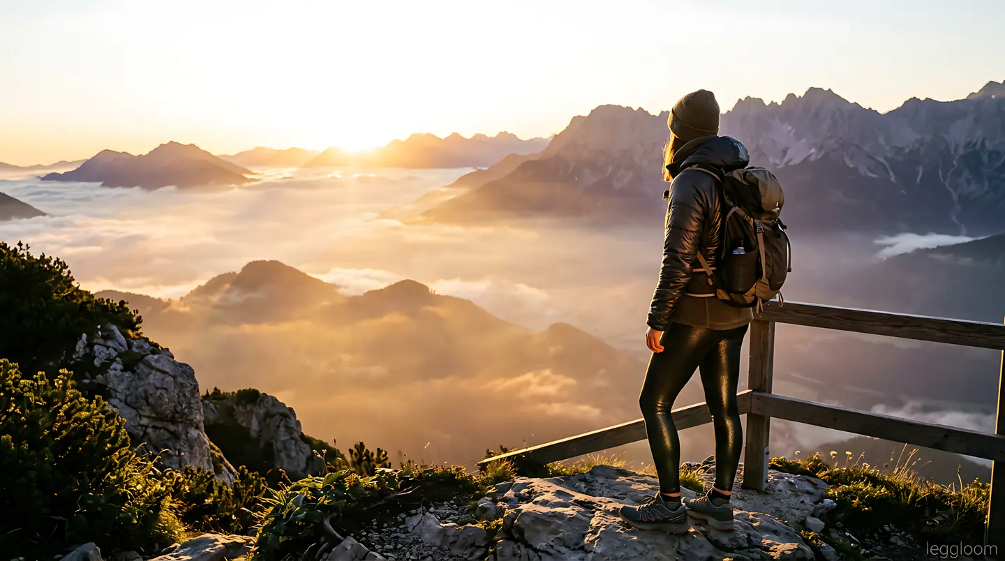 Traveller with a backpack looking out over a mountain valley at sunrise.