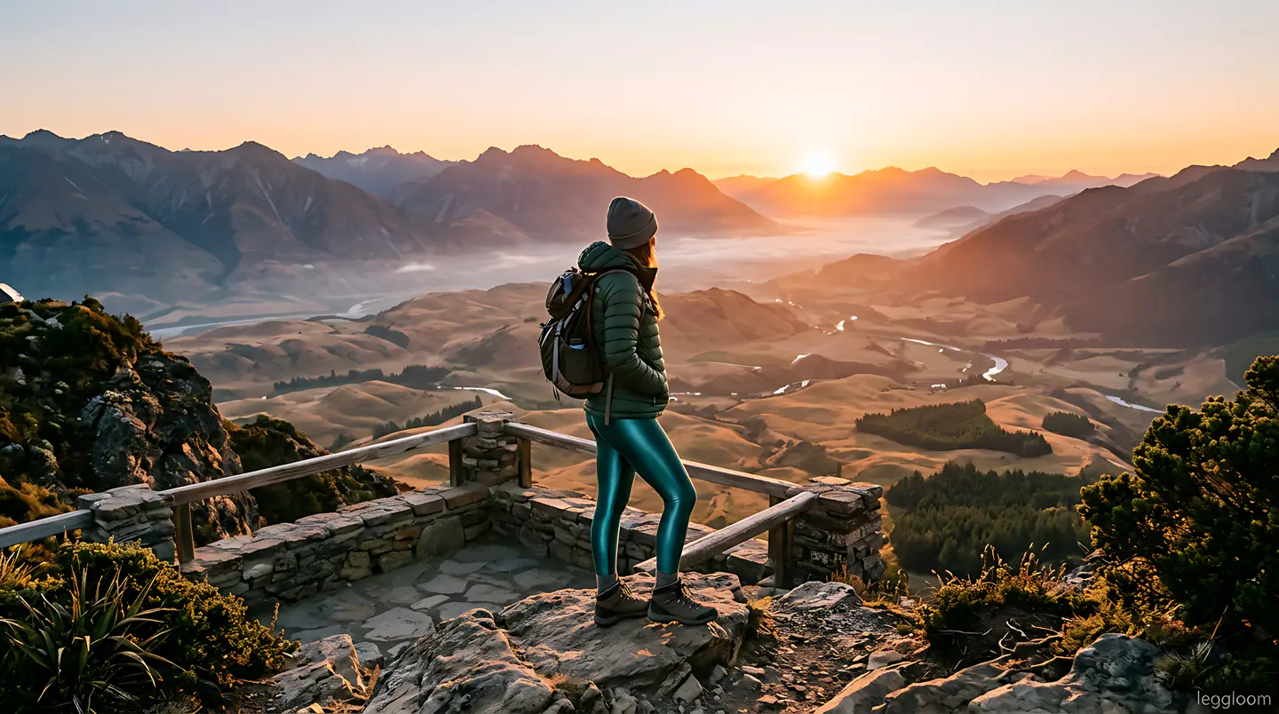 Person standing on a rocky ridge as morning light fills the valley.