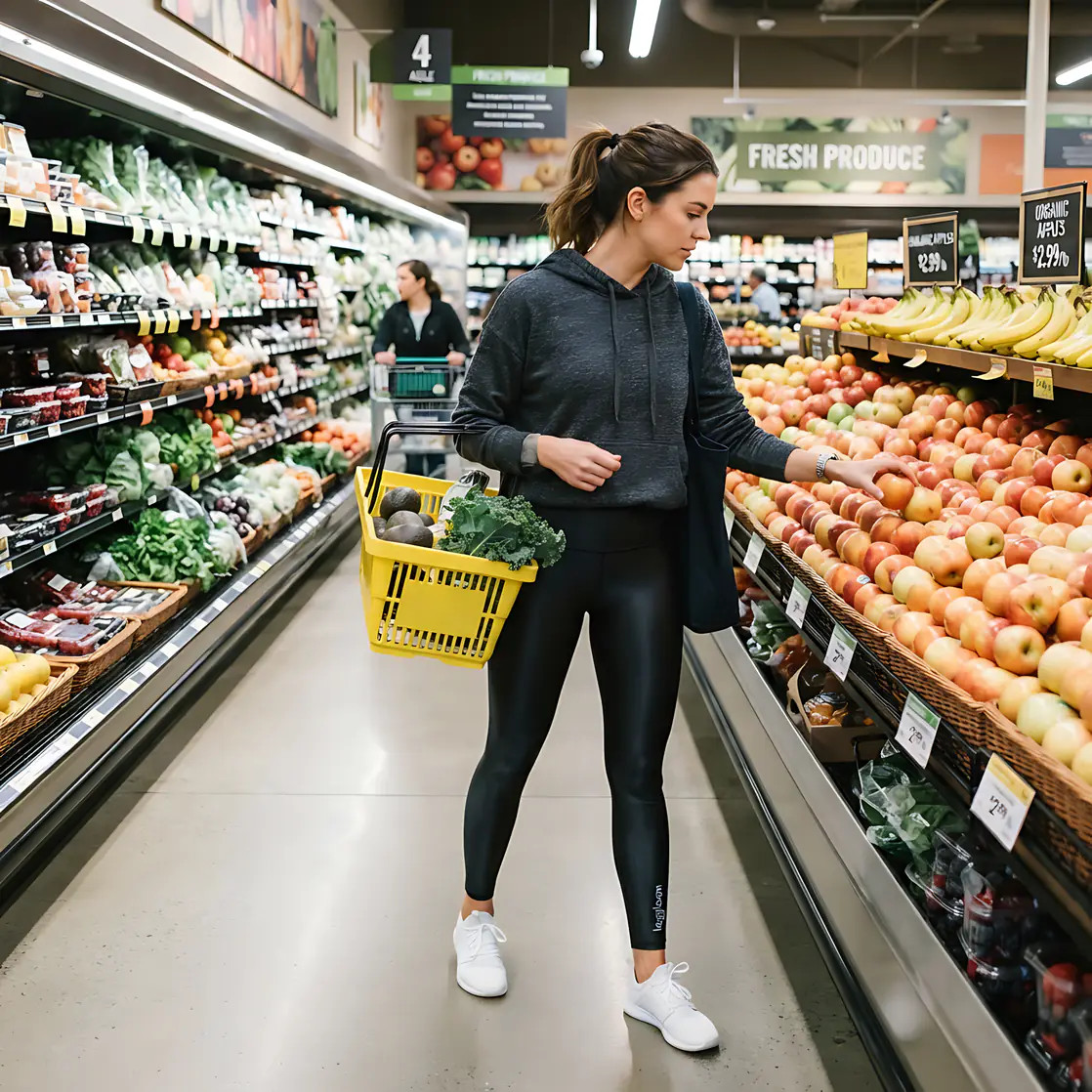 Shopper with a basket browsing fresh produce in a supermarket.