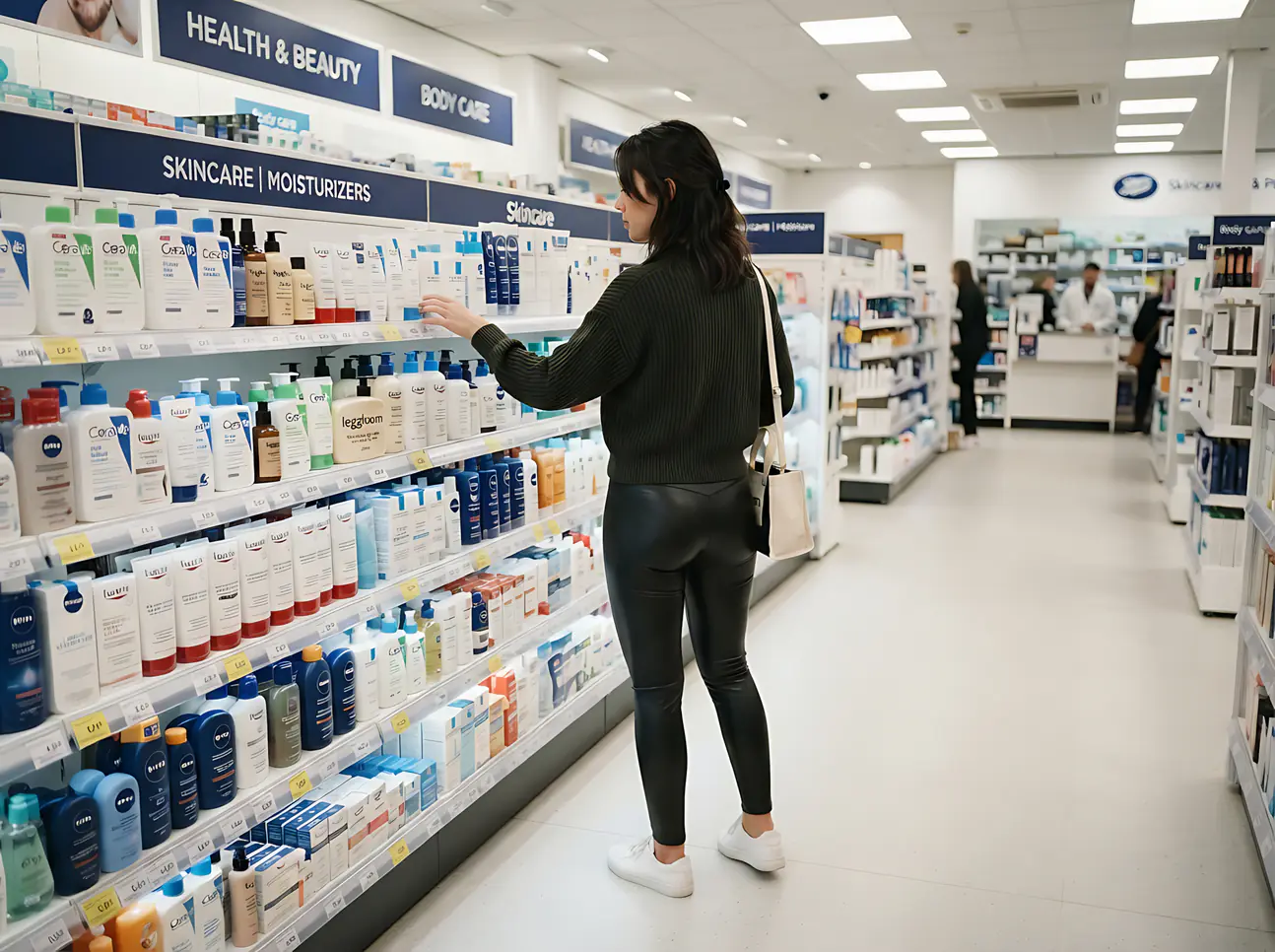 Shopper reaching for products in a health and beauty aisle.