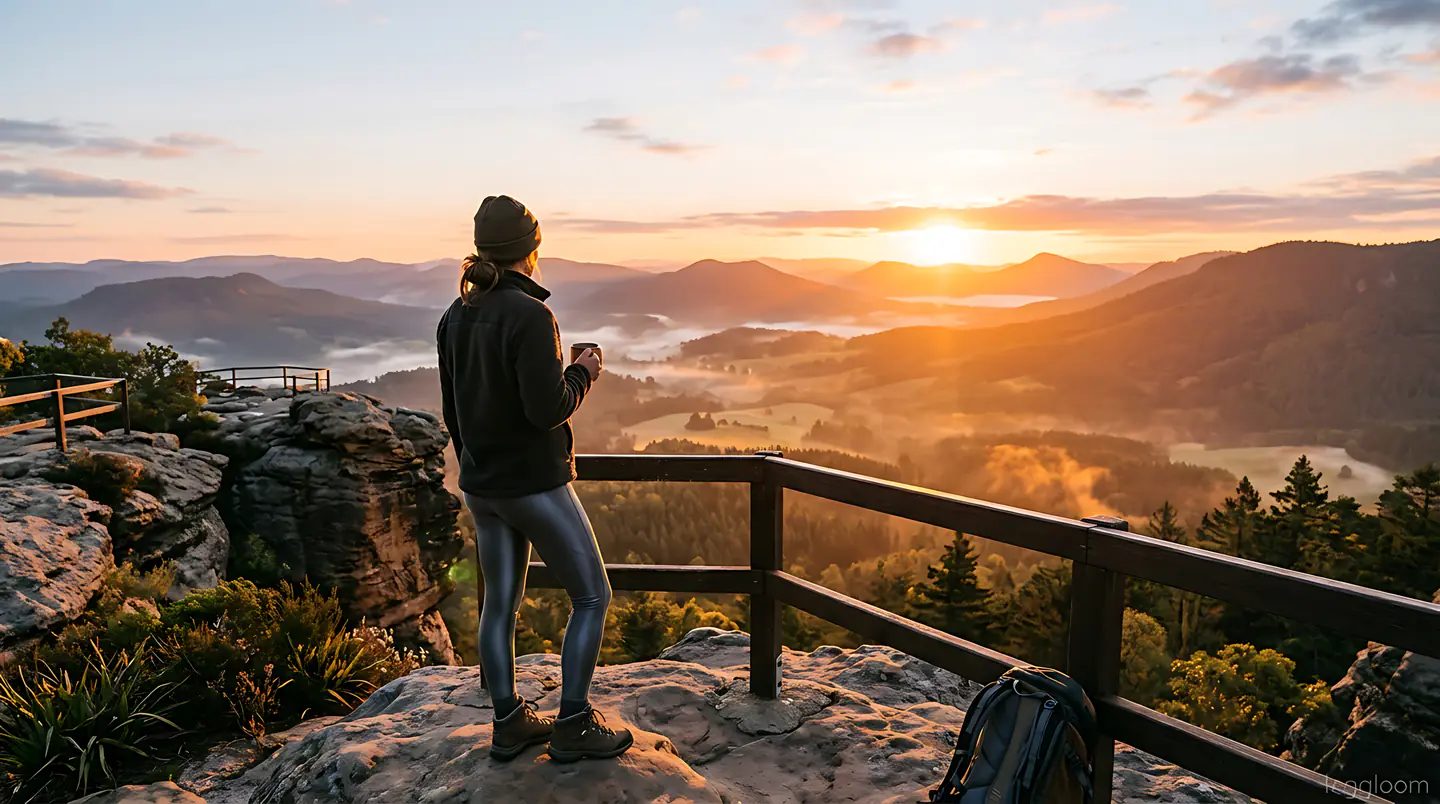 Person standing at a mountain overlook as the sun rises over the valley.