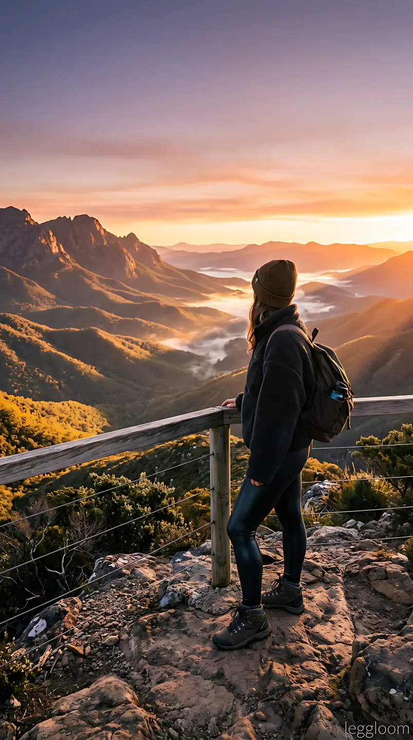 Woman standing on a mountain ledge as sunrise fills the valley below.