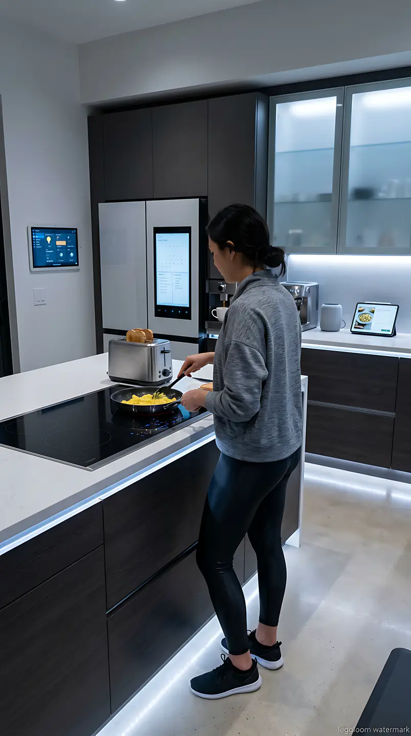 Woman working at the counter of a modern grey kitchen.