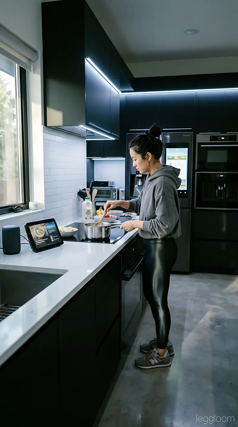 Woman cooking in a sleek dark kitchen.