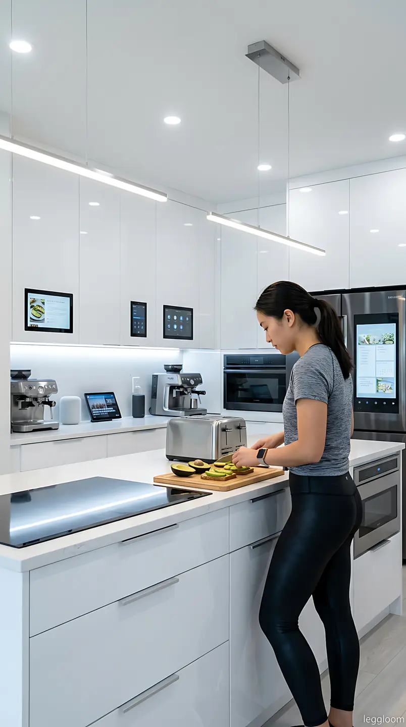 Woman preparing food at the counter of a bright white kitchen.