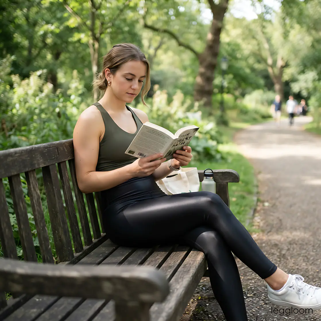 Woman reading a book on a garden bench.