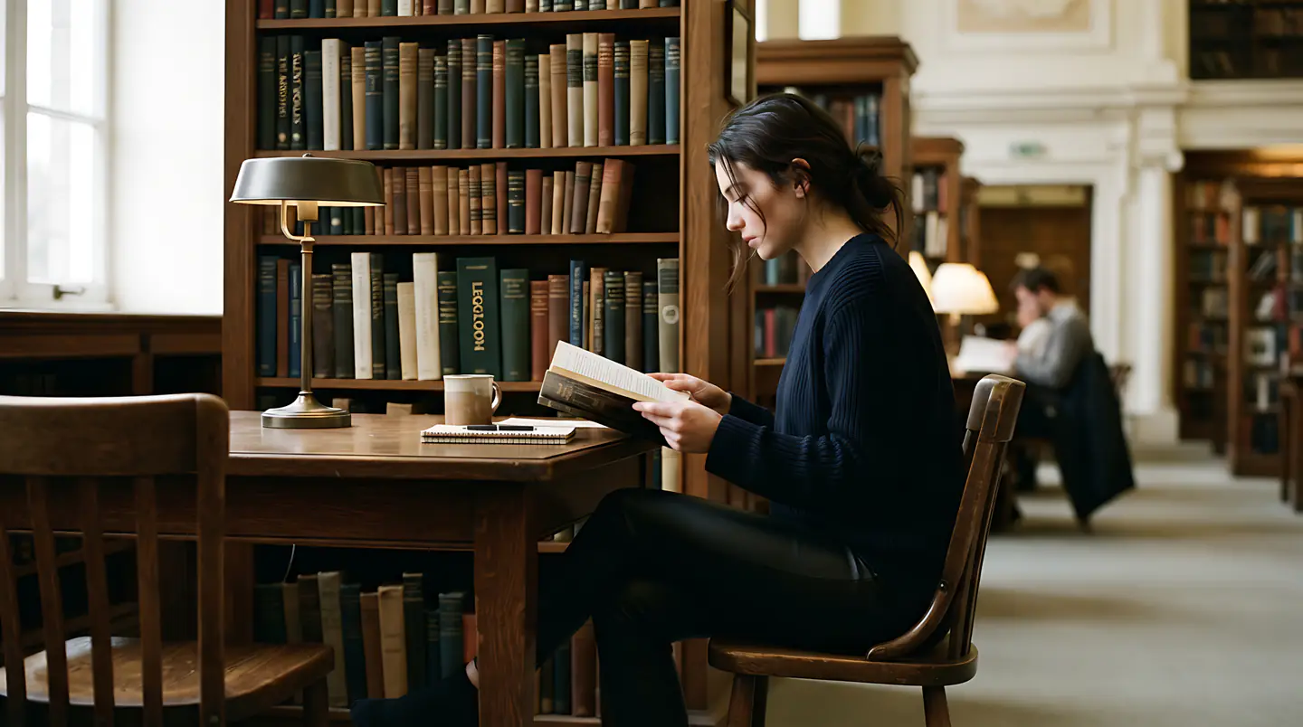 Person reading at a desk in a library lined with books.