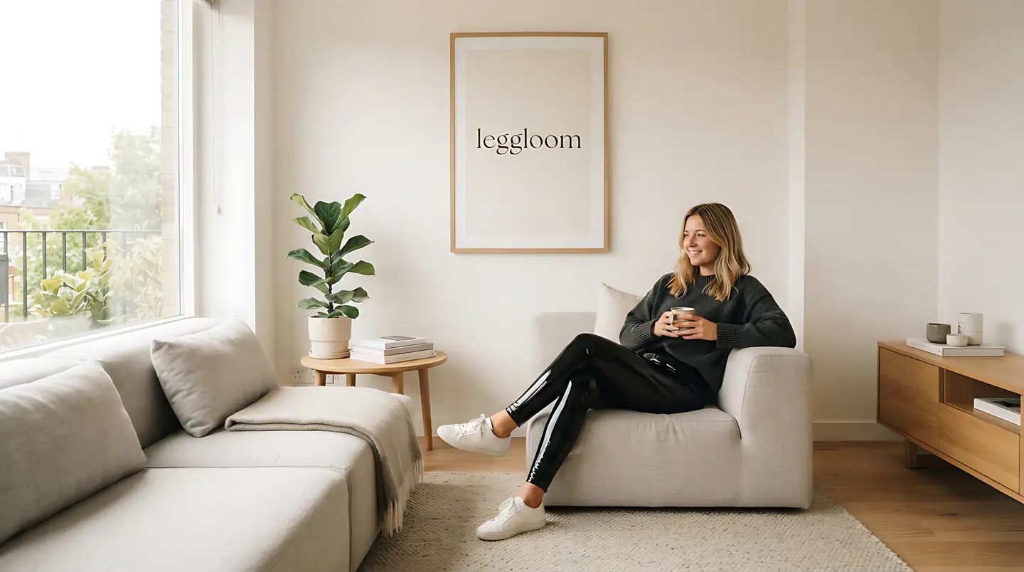 Woman reading on a sofa beneath framed art in a bright living room.