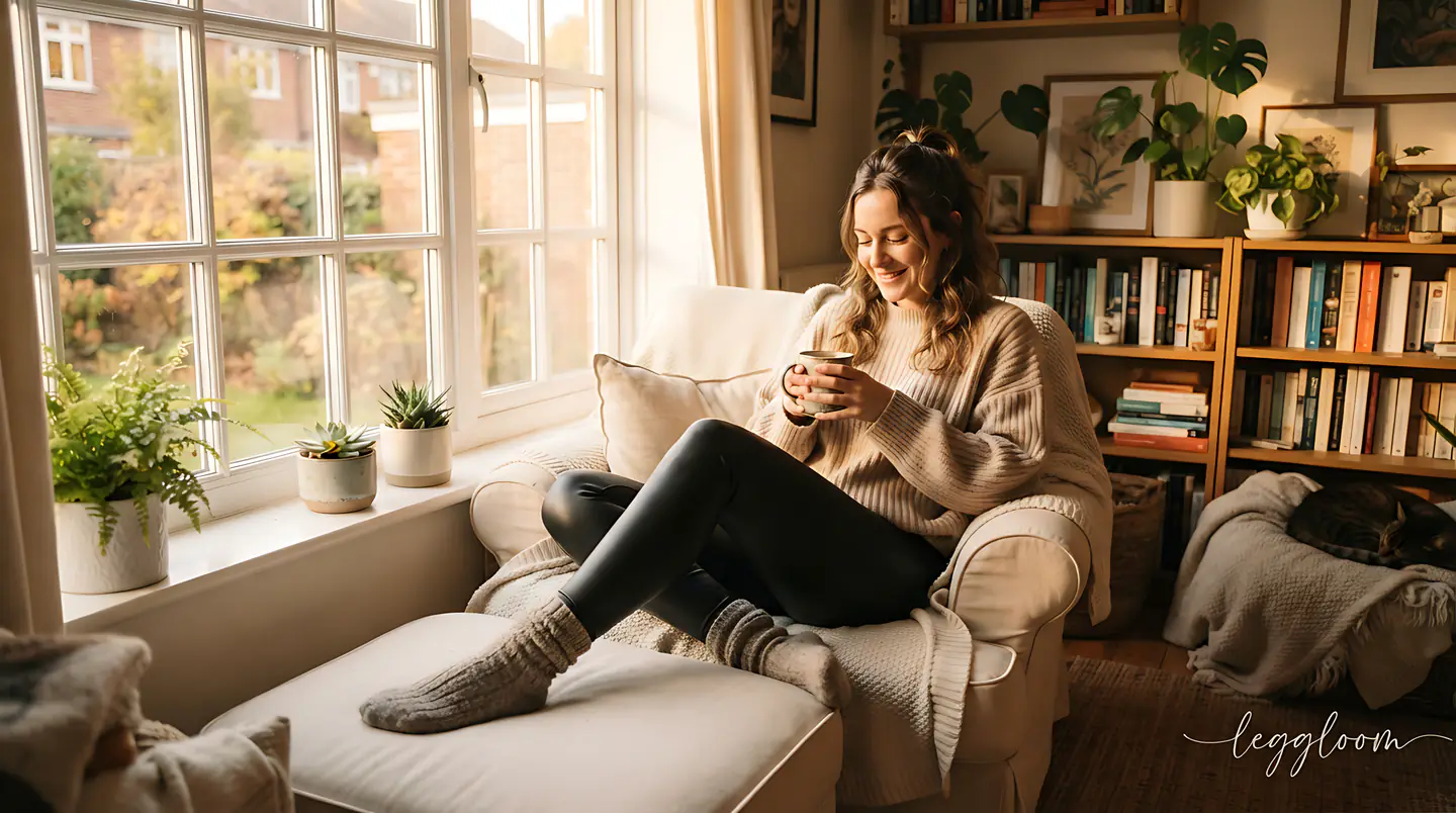 Woman relaxing by a window in a warm, book-lined room.