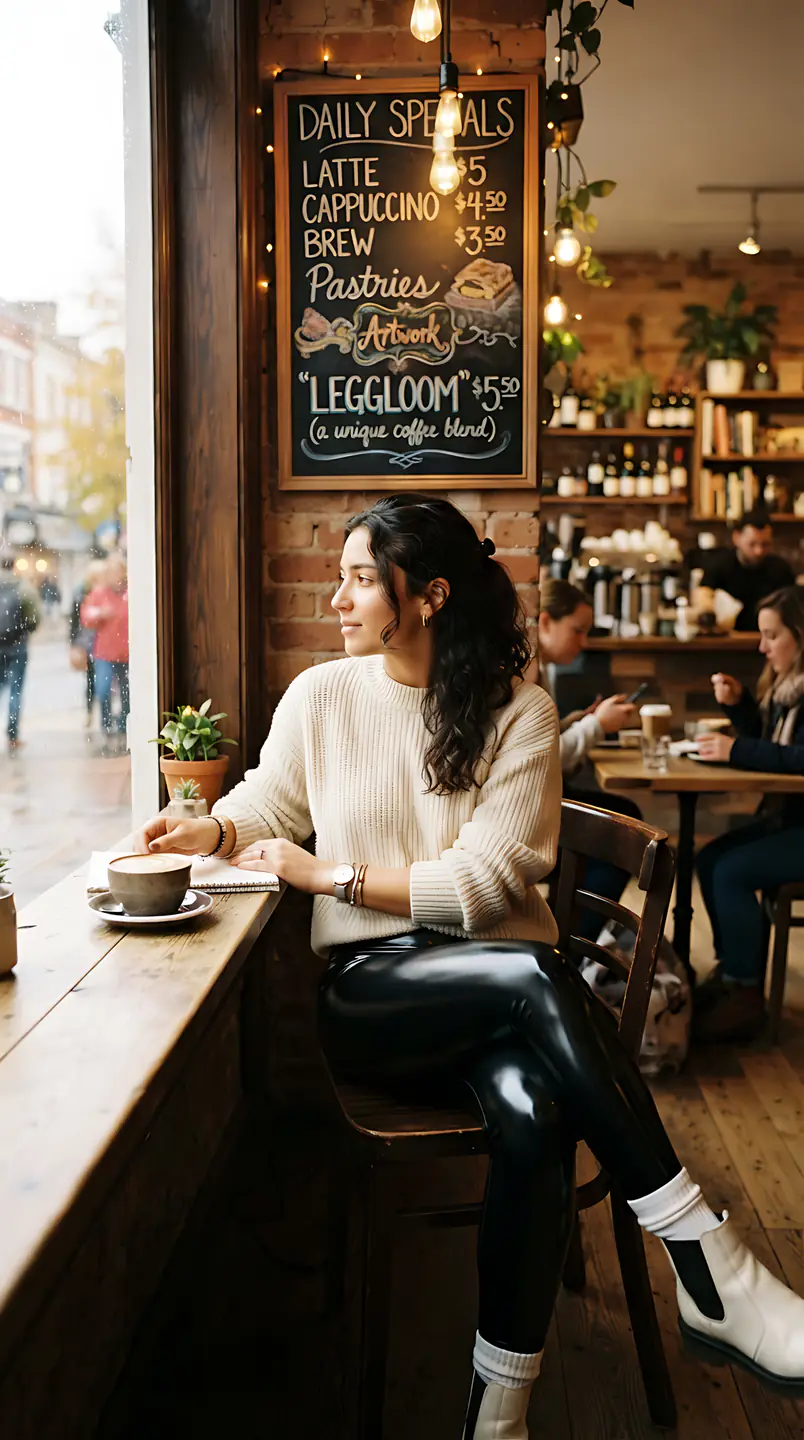 Woman seated at a cafe counter beside a large window.
