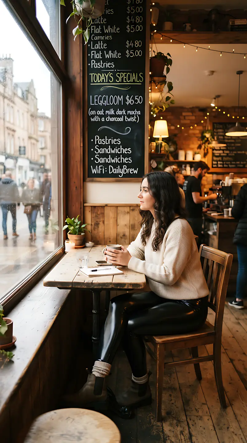 Woman at a cafe window table as people pass outside.