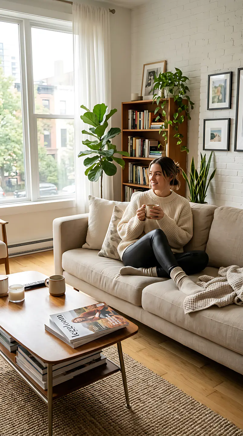Woman on a sofa reading in a bright, modern room.