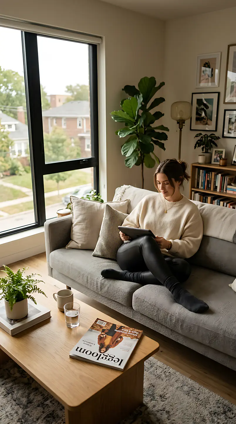 Woman seated on a sofa beside a tall window.