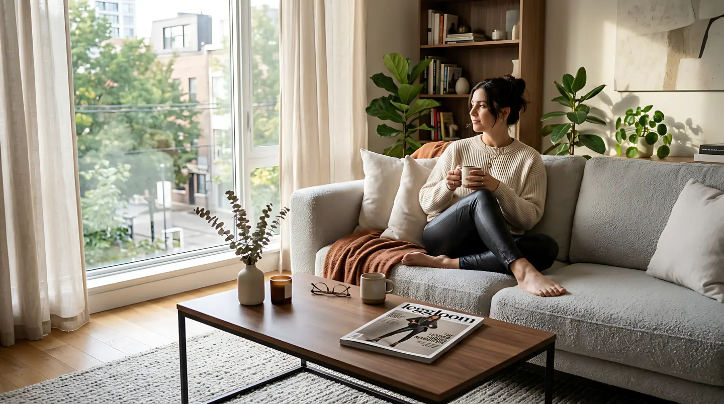 Woman relaxing on a sofa in a contemporary living room.