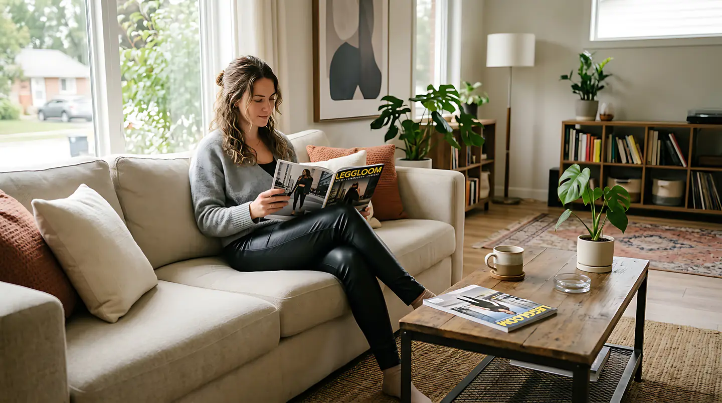 Woman reading on a sofa in a plant-filled living room.