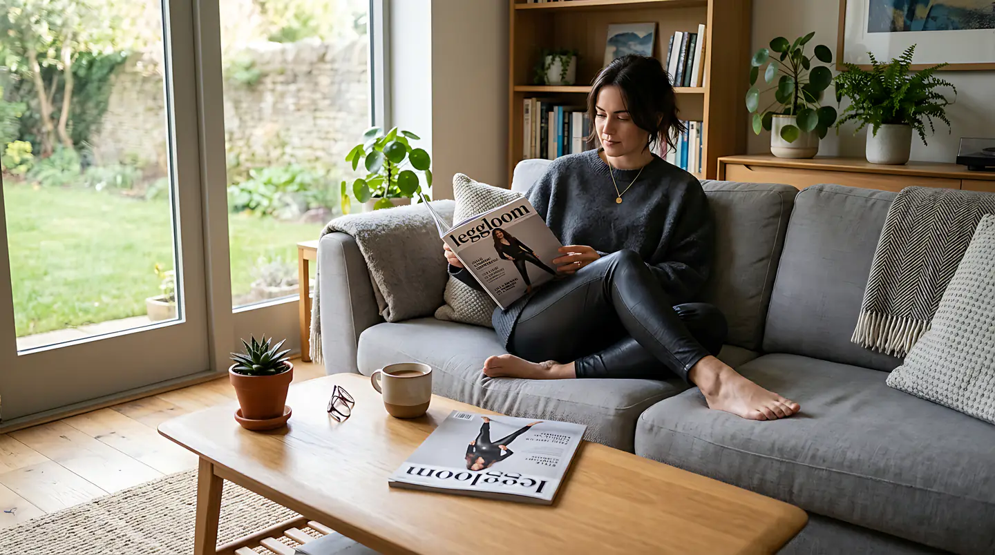 Woman on a sofa reading in a sunlit room.