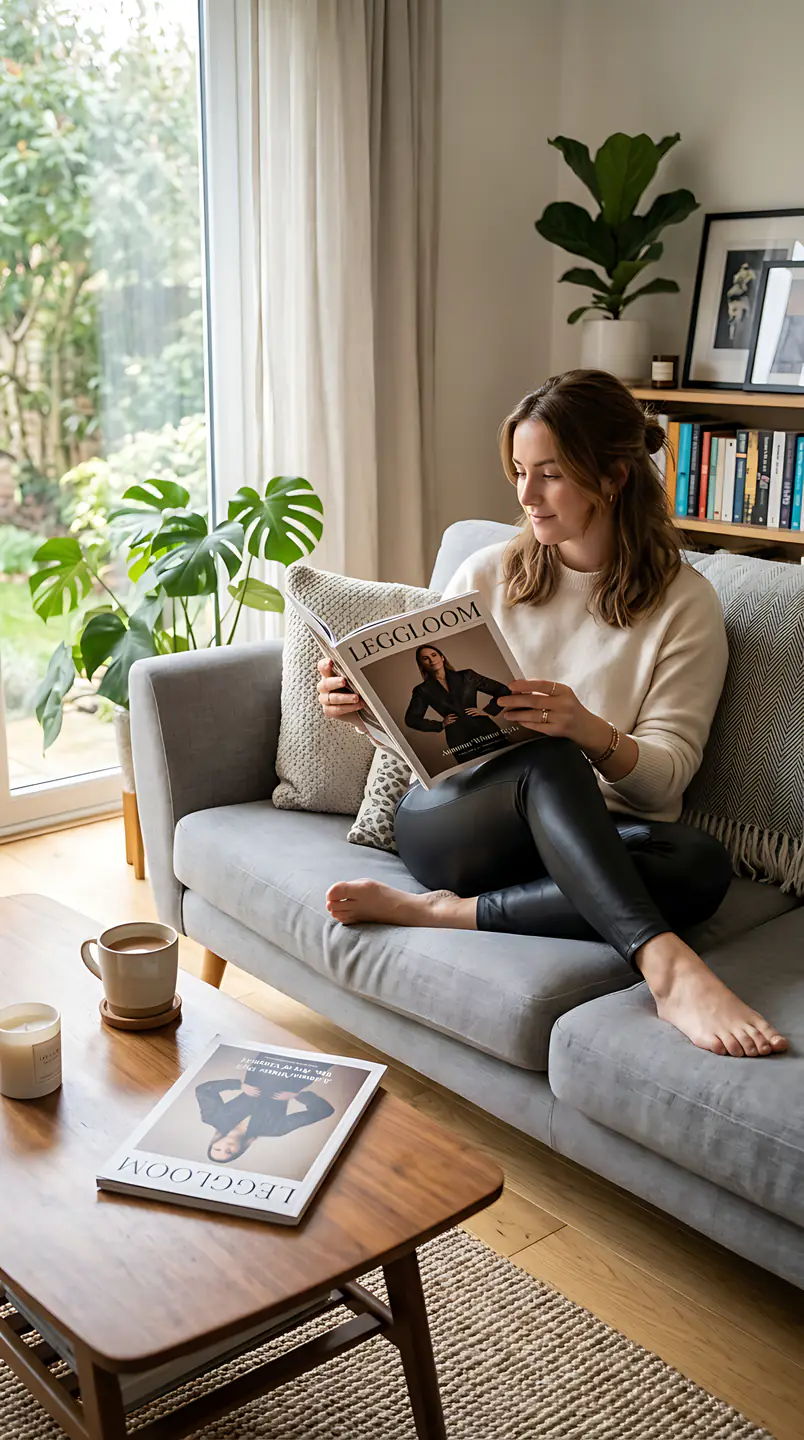Woman curled up on a sofa reading a book in a bright, plant-filled living room.
