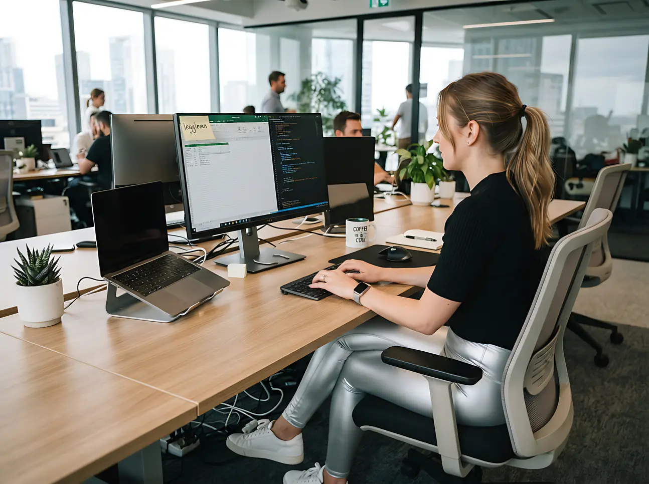 Woman working at a desk in a bright open-plan office.