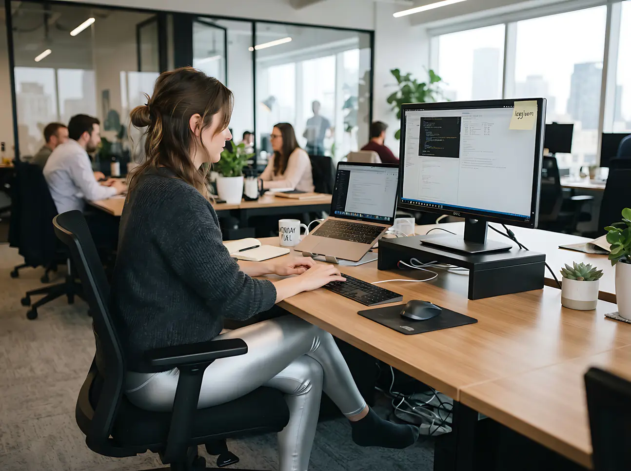 Woman typing at her workstation in a modern office.