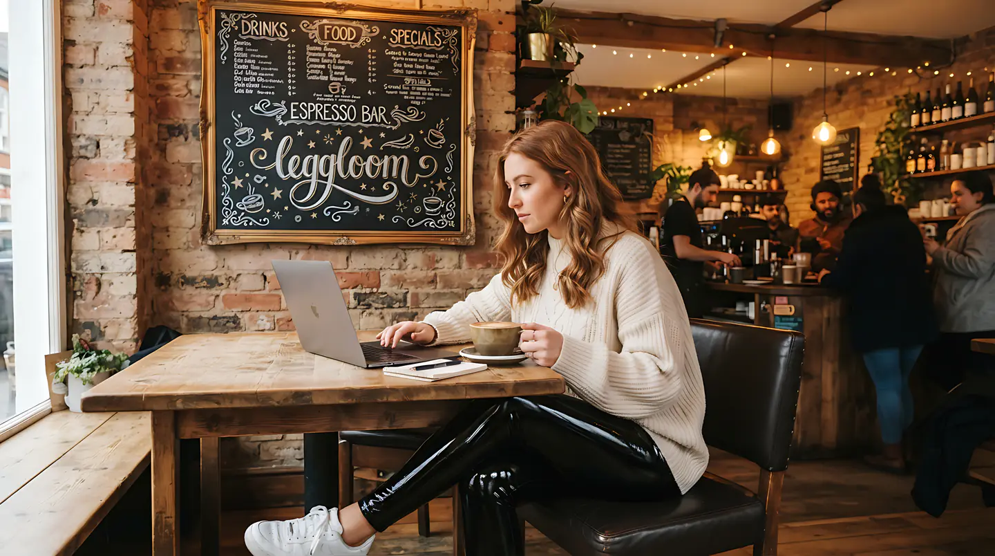 Woman working on a laptop in a warm, wood-panelled cafe.