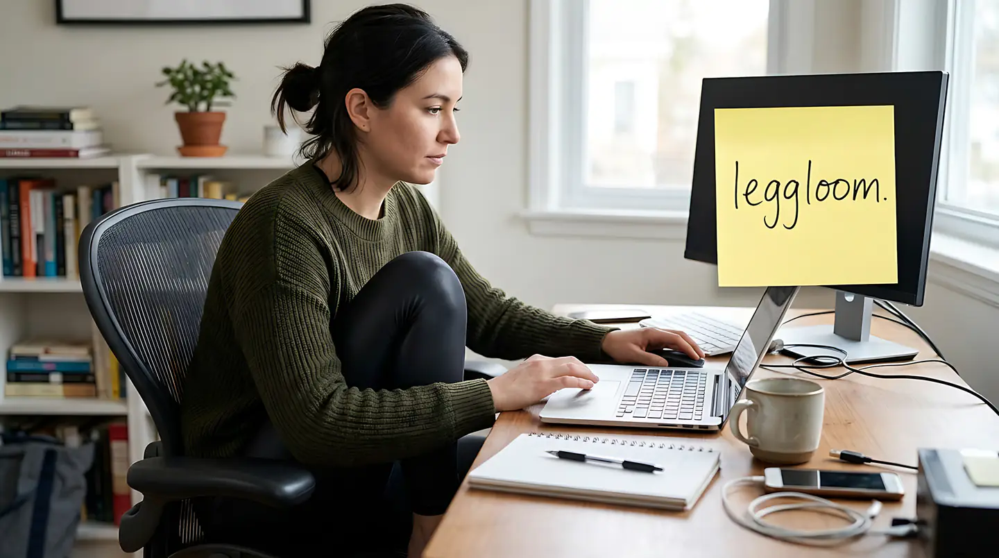 Woman working at a desk with a monitor in a home office.