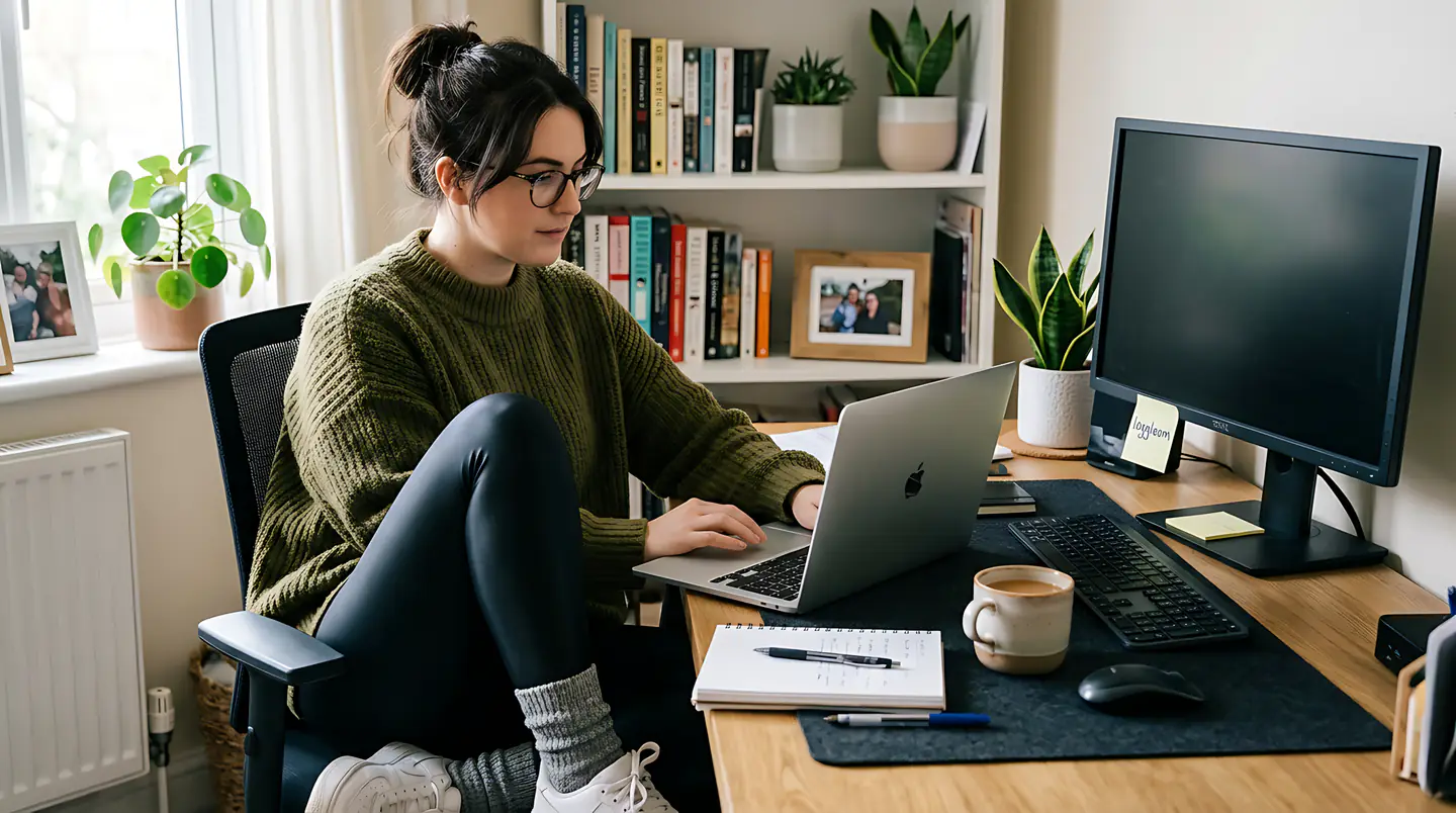 Woman working at a desk surrounded by plants.