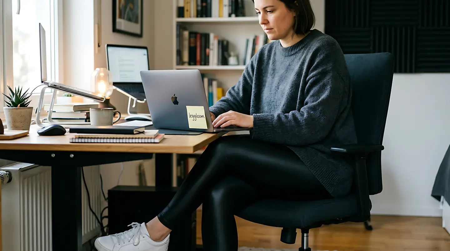 Person working at a desk with a laptop in a cosy room.