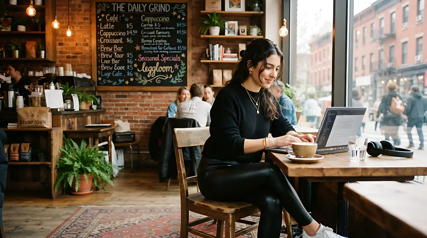 Woman working on a laptop at a cafe table.
