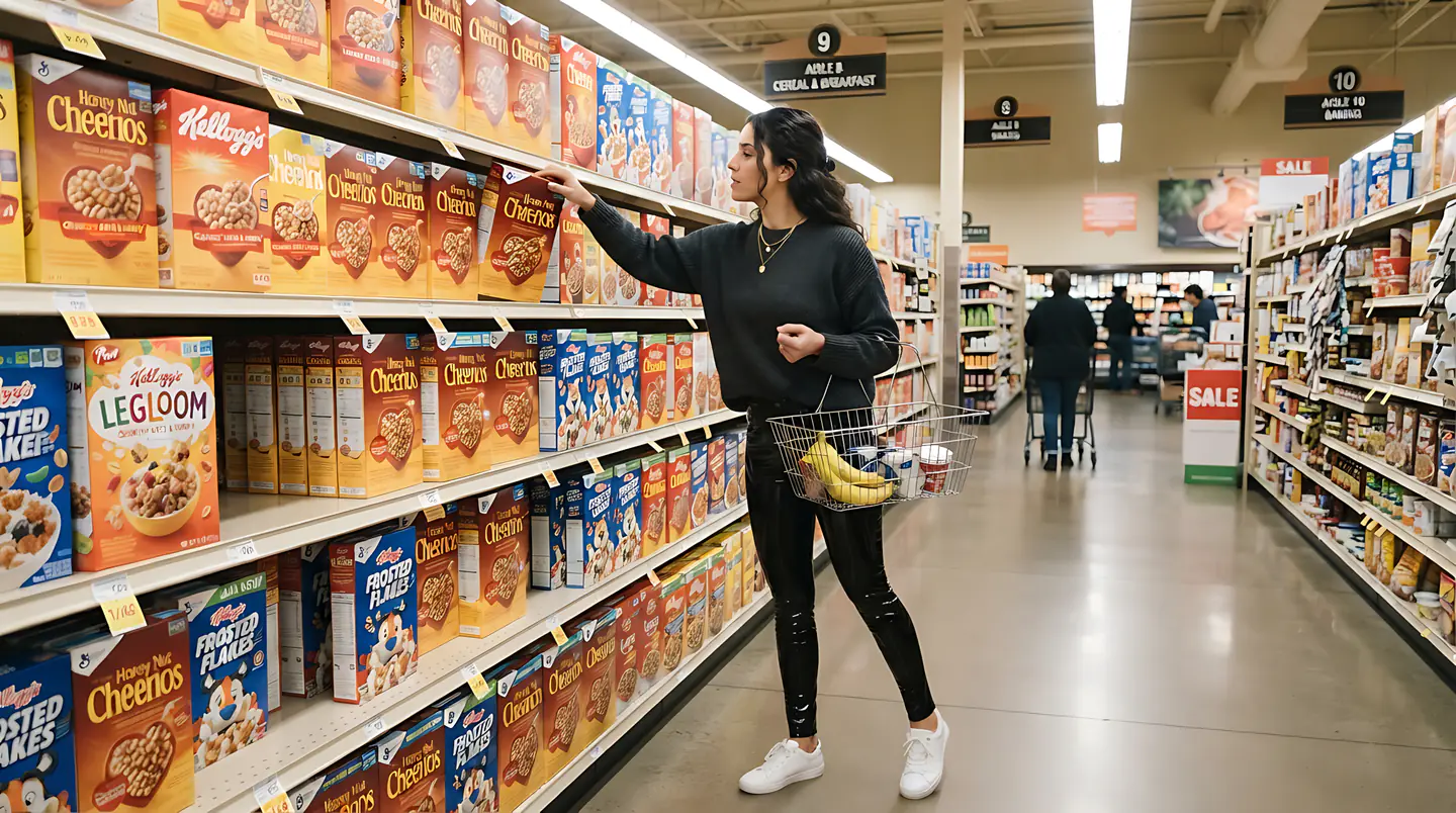 Woman reaching up to a supermarket shelf.