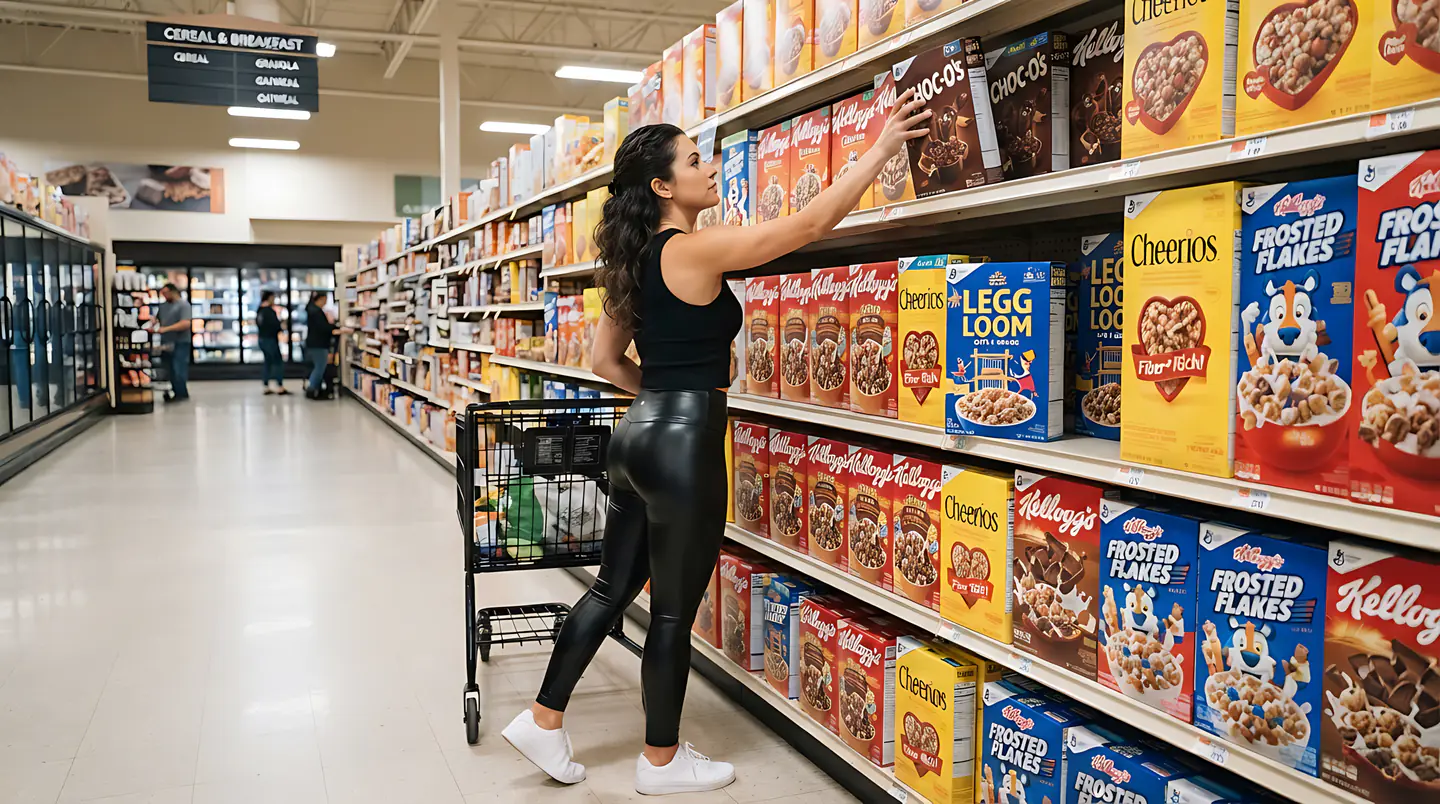 Woman reaching for cereal in a bright supermarket aisle.