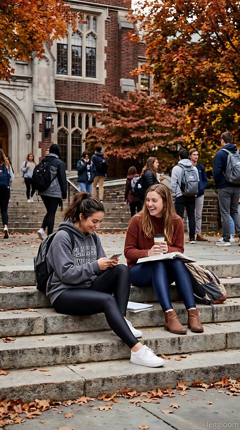Two students studying on campus steps in autumn.