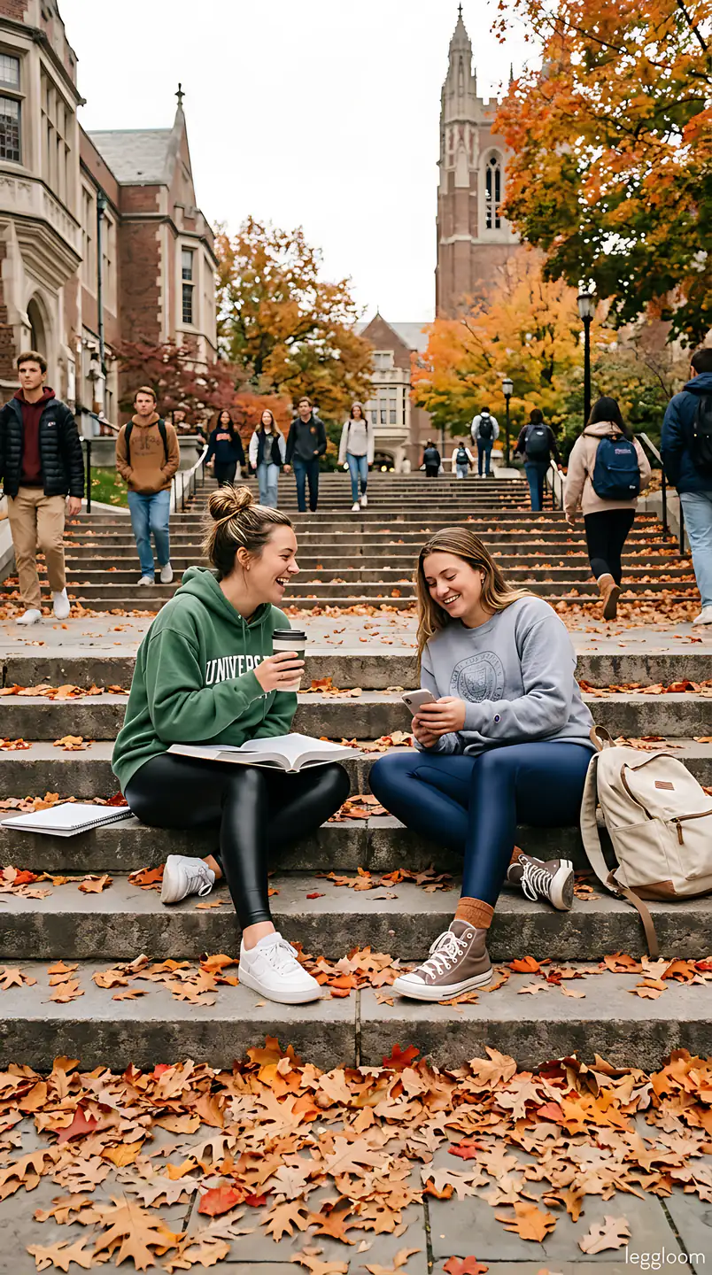 Students taking a study break on stone steps among fallen leaves.