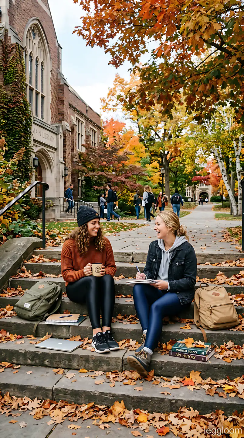 Two students talking on college steps in autumn.