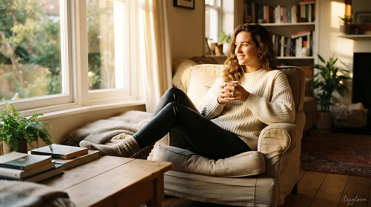 Woman relaxing on a sofa in a sunlit living room.