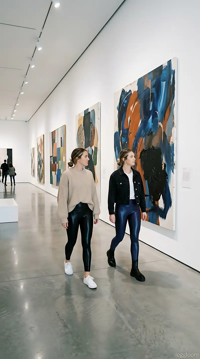 Two people studying colourful artworks in a gallery.